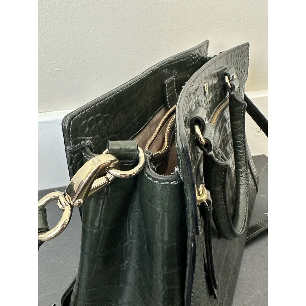 Kate‎ Spade NY Crocodile Embossed Leather Shoulder Satchel Handbag Dark Green